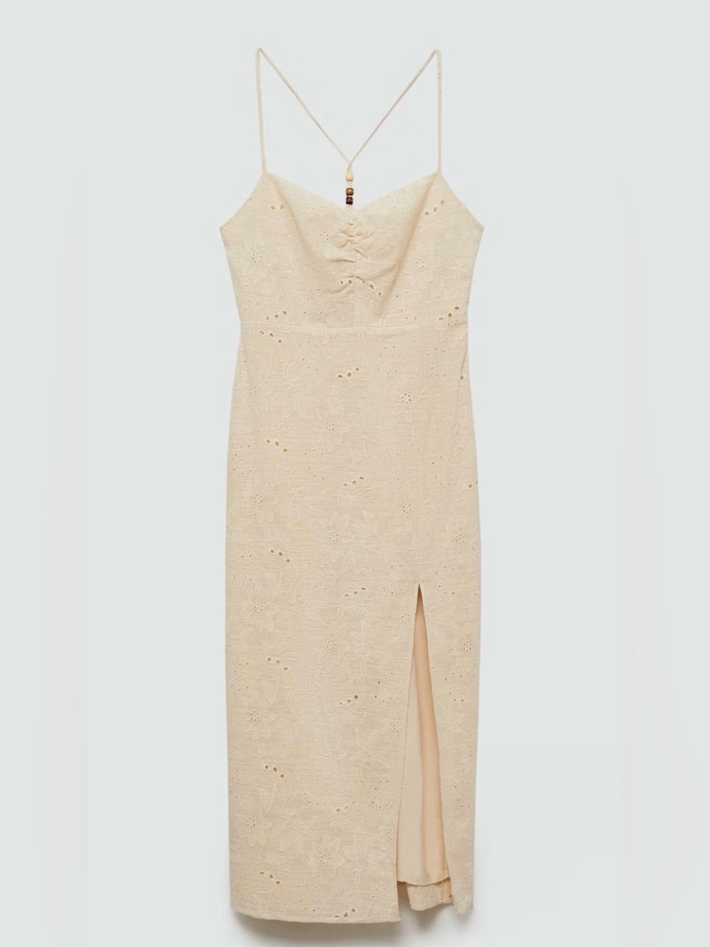 Mango Ivory Cream EMBROIDERED MIDI DRESS WITH SIDE SLIT and Beaded Back Detail